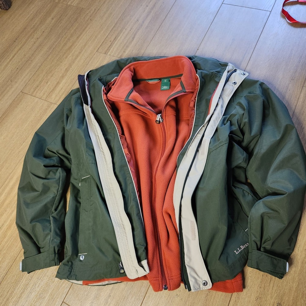 LL Bean Mens 3 in 1 Jacket Coat XL Tall Zip Out Fleece Lined Green Orange 0BC1Y